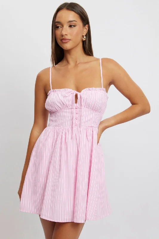 Pink Stripe Fit And Flare Dress Mini Women's High Street Fashion