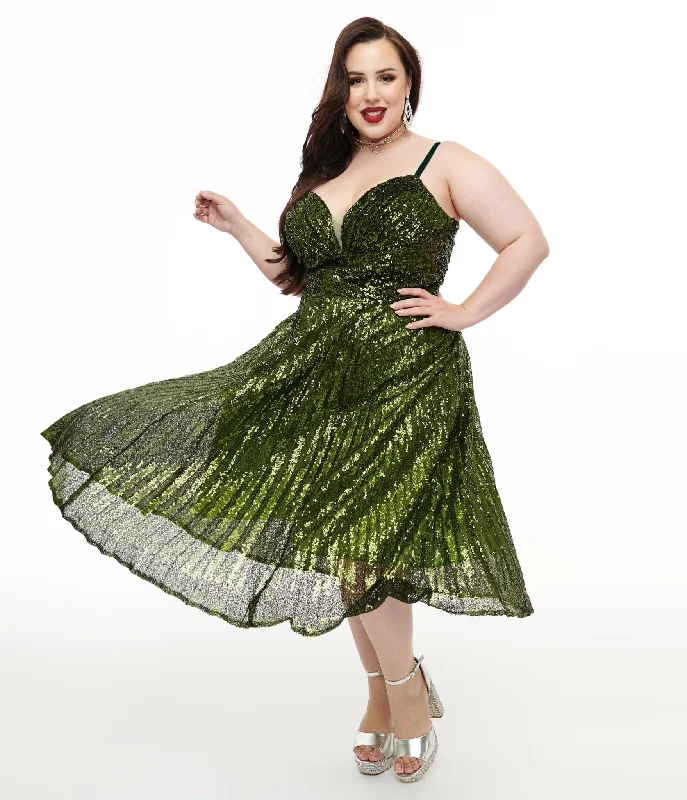 Unique Vintage Plus Size 1950s Emerald Pleated Sequin Swing Dress Clothing Sale