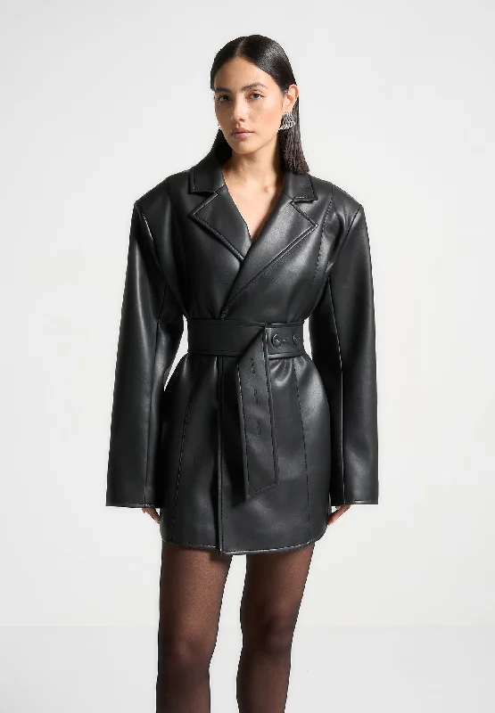 Leather Oversized Belted Blazer Dress - Black Women's Attire