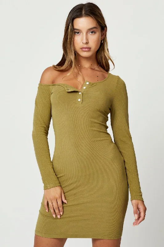 Green Asymmetric Off Shoulder Press Stud Ribbed Mini Dre Fashion-forward Women's Wear