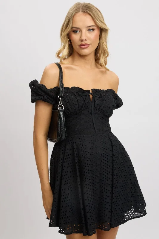 Black Fit And Flare Dress Mini Eyelet Fabric Women's Work Outfit For The Office