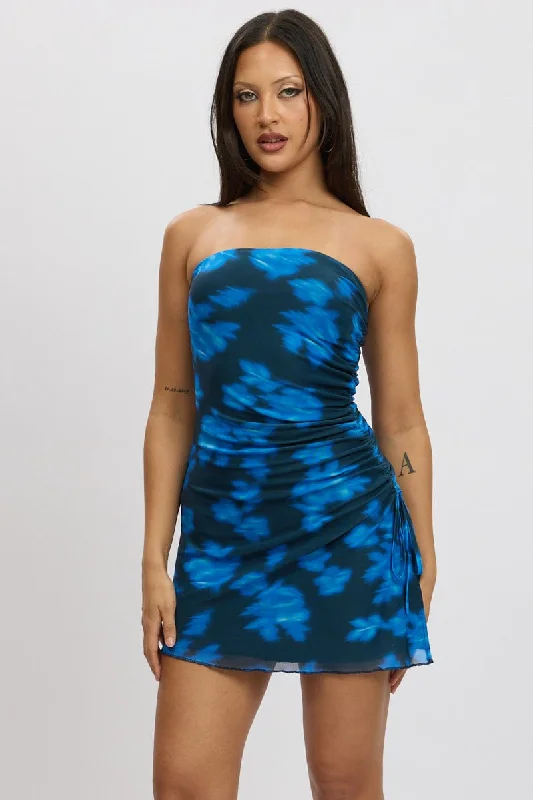 Blue Abstract Strapless Dress Mini Mesh Fashionable Women's Outfit