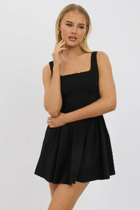 Black Fit And Flare Dress Mini Women's Street Style Casual Wear