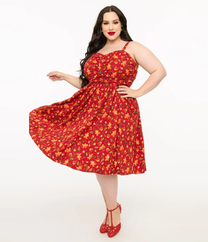 Miss Lulo Plus Size 1950s Red Gingerbread Man Print Eden Fit & Flare Dress Clothing Store