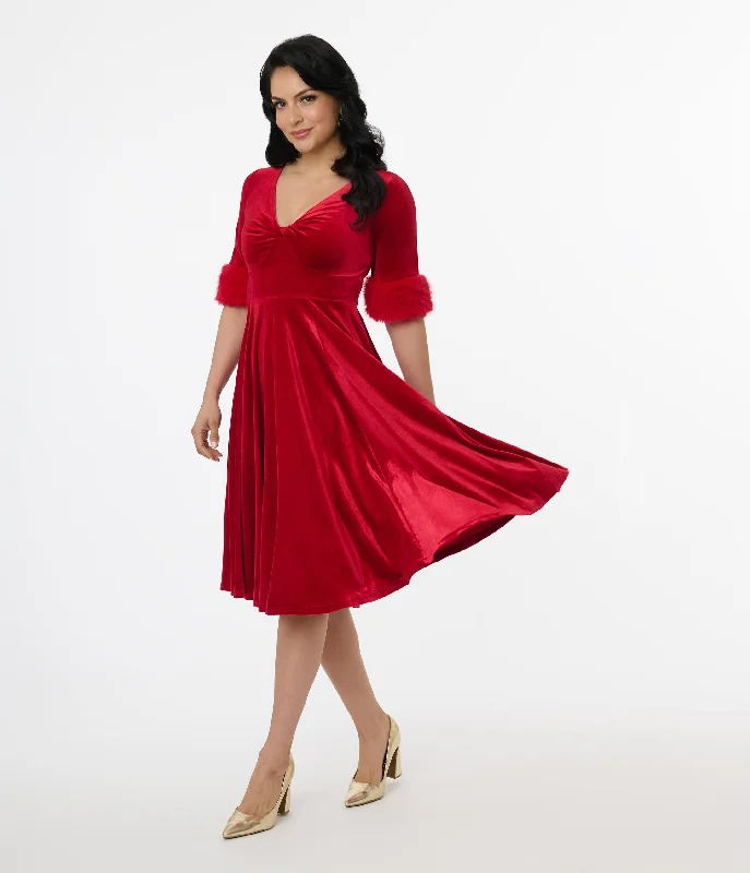 Elle Rebel Red Velvet Princess Grace Swing Dress Women's Trendy Outfits