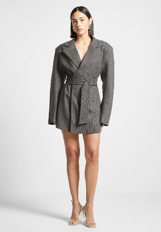 Oversized Pinstripe Blazer Dress - Grey Stylish Women's Attire