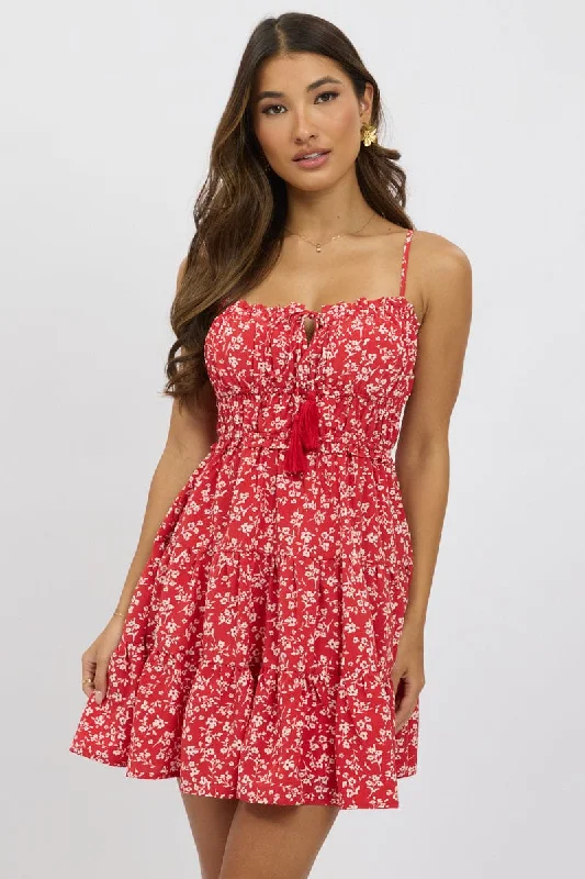 Red Ditsy Fit And Flare Dress Mini Casual Women's Clothing Online