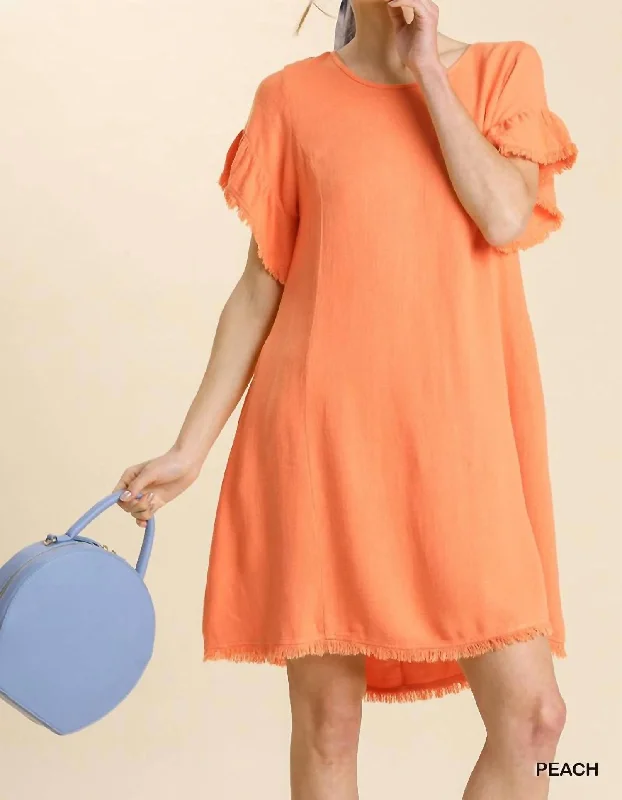 Linen Blend Back Cutout Detail Short Ruffle Sleeve Dress With Frayed Hem In Peach Women's Elegant Outfit