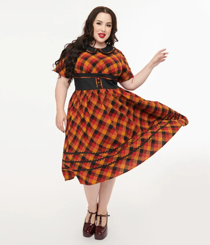 Unique Vintage Plus Size 1950s Orange & Red Plaid Peter Pan Collar Swing Dress Chic Women's Clothing for Date Nights