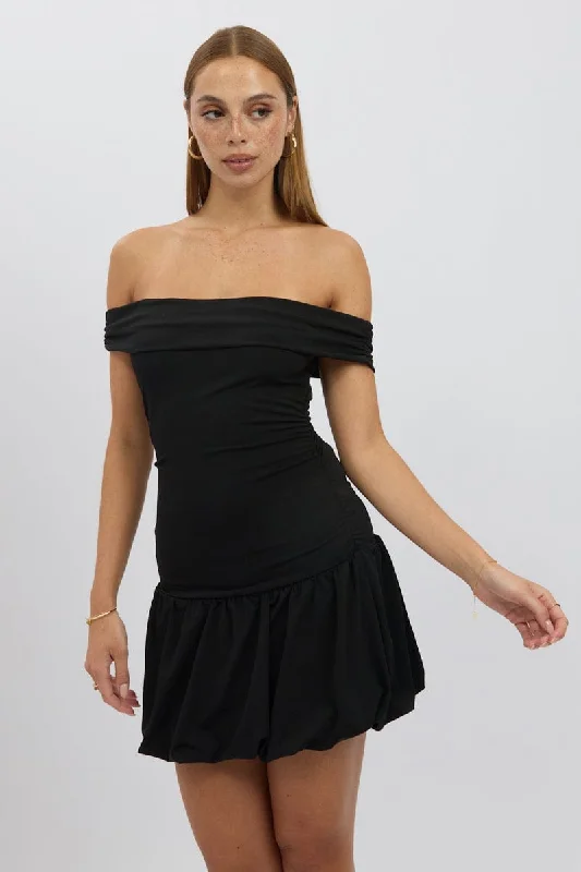 Black Bubble Dress Off Shoulder Casual Outfit For Women