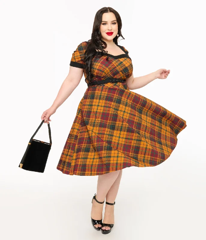 Unique Vintage Plus Size 1950s Mustard Yellow & Burgundy Plaid Swing Dress Online Boutique Stores