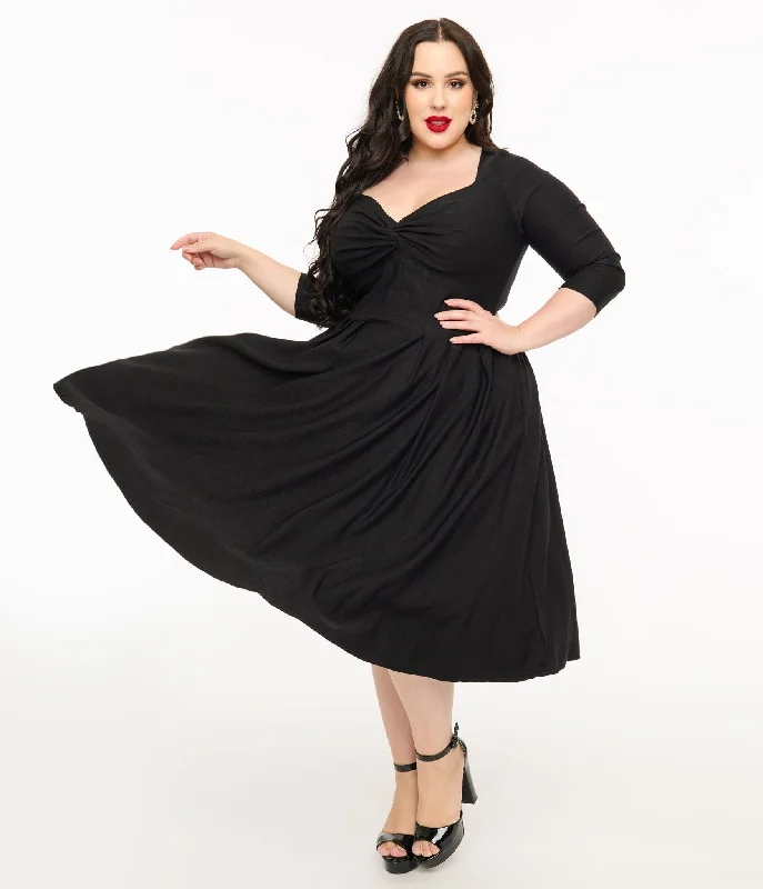 Unique Vintage Plus Size 1950s Black Bengaline Front Twist Swing Dress Sale On Sale