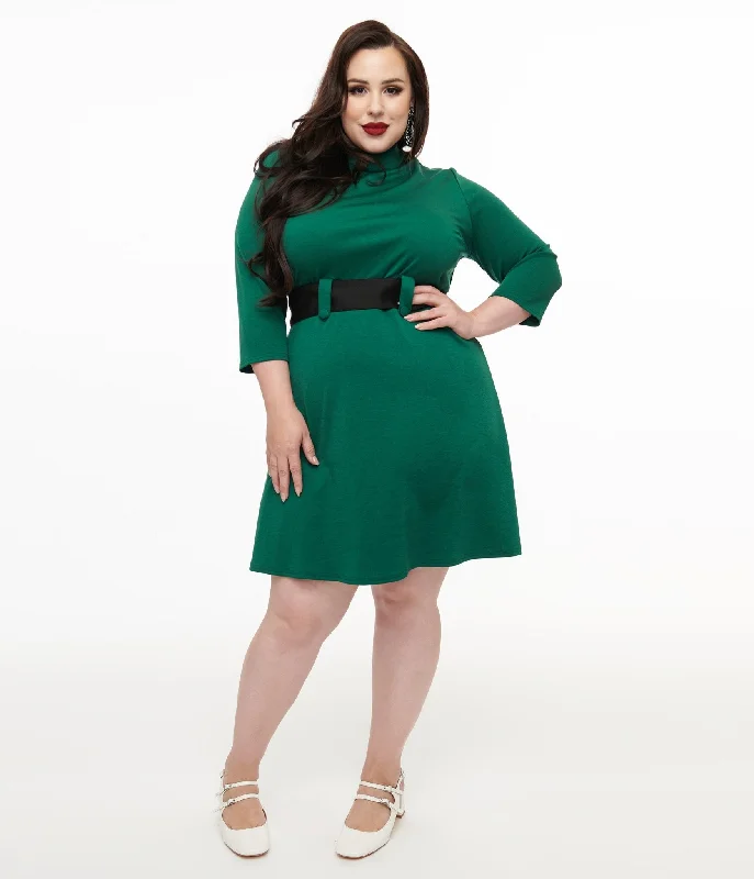 Smak Parlour Plus Size 1960s Emerald & Black Belted A-Line Dress Clothing Sales