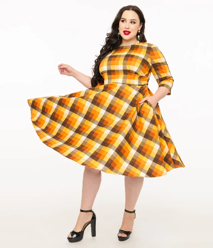 Hell Bunny Plus Size 1950s Autumn Check Cotton Darlene Swing Dress Outlet Clothing