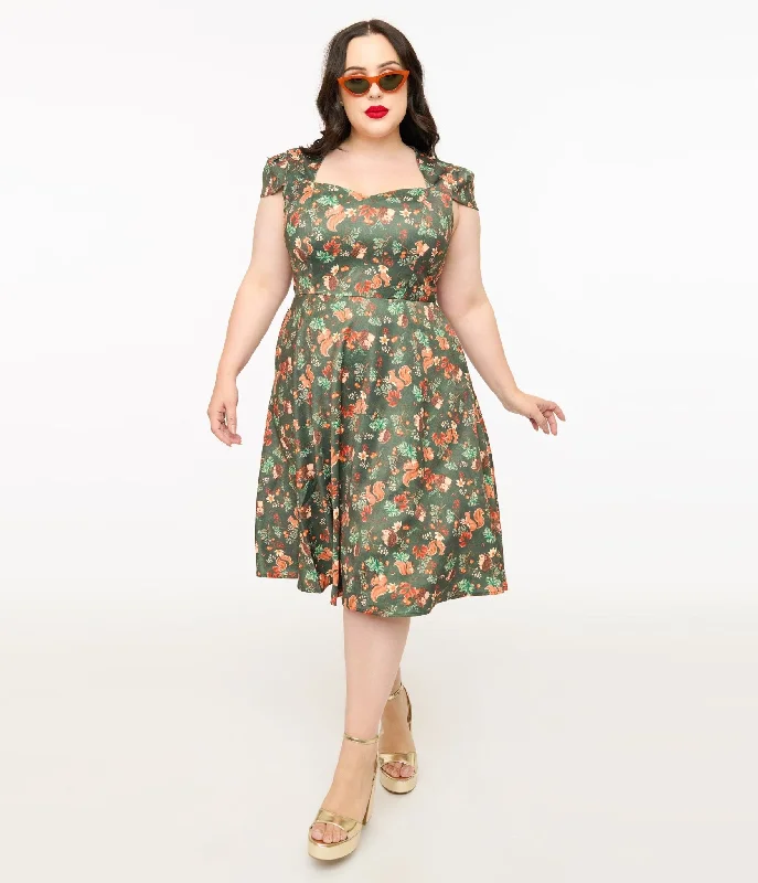 Voodoo Vixen Plus Size 1950s Green Woodland Creatures Print Swing Dress Women's Clothes Online Shopping