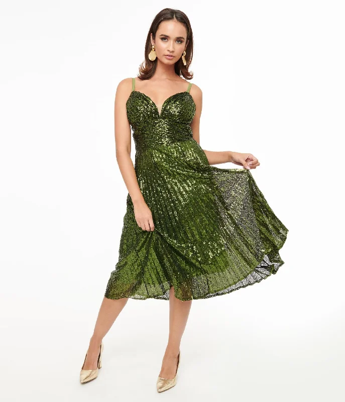 Unique Vintage 1950s Emerald Pleated Sequin Swing Dress Clothes Sales