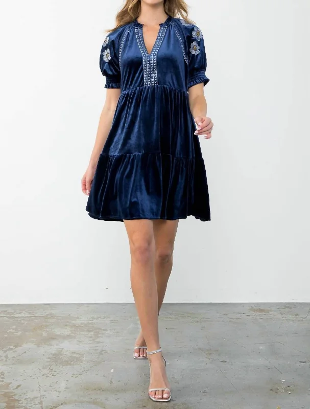 Embroidered Detail Sleeve Velvet Dress In Navy Women's Casual Dresses