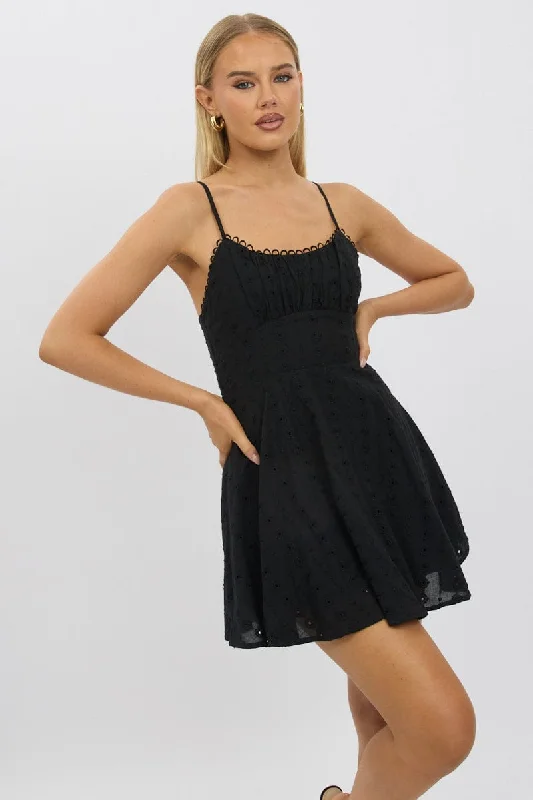 Black Fit And Flare Dress Mini Eyelet Fabric Casual and Comfortable Outfits