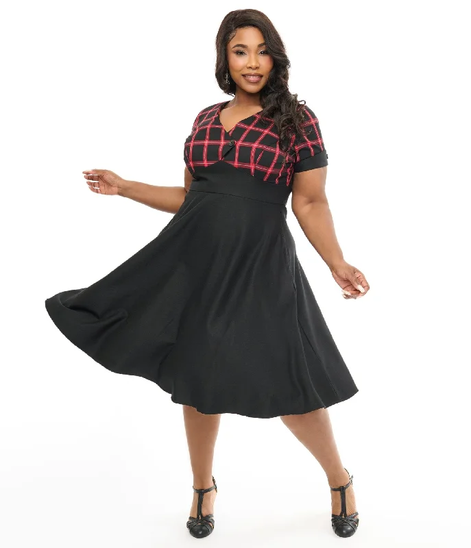 Hell Bunny Plus Size 1950s Red & Black Tartan Janine Swing Dress Women's Evening Wear for Special Occasions