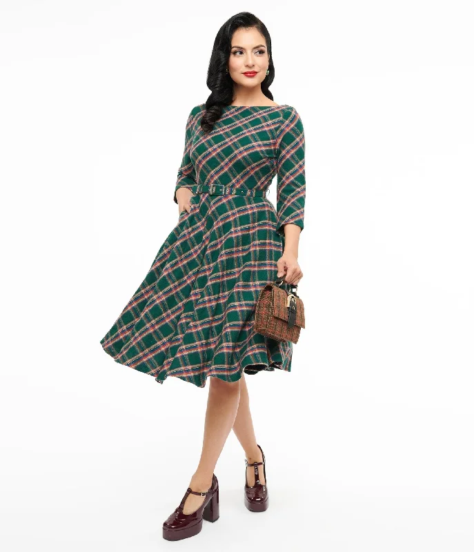 Unique Vintage 1950s Green & Tan Plaid Devon Swing Dress Sale Clothes Online