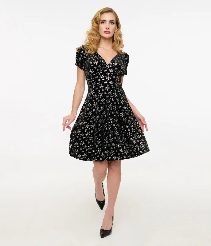 Hell Bunny 1950s Black & Silver Metallic Snowflake Velvet Fit & Flare Dress Stylish Women's Clothes for Work and Play