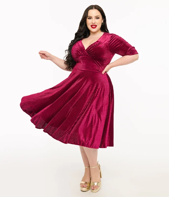 Unique Vintage Plus Size 1950s Merlot Textured Velvet Delores Swing Dress Clearance Sale Online