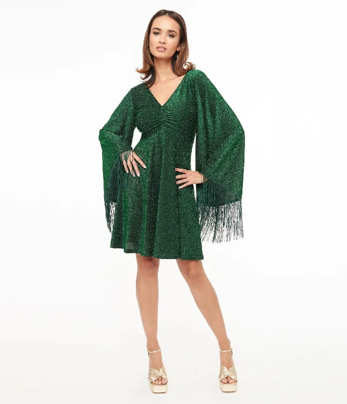 Smak Parlour 1970s Green Sparkle & Fringe Bell Sleeves Dress Flash Discount