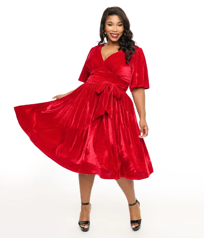 Unique Vintage Plus Size 1940s Red Velvet Flutter Sleeve Swing Dress Best Clearance Sales Right Now