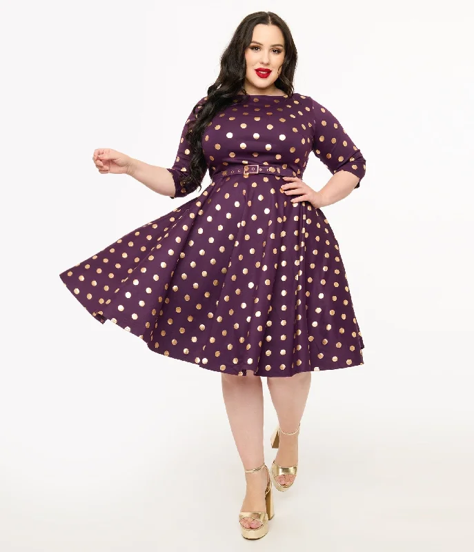 Unique Vintage Plus Size 1950s Eggplant Rose Foil Polka Dot Devon Swing Dress Flash Sales This Week