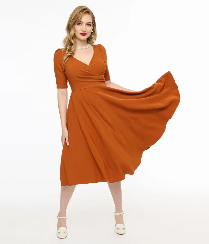 Voodoo Vixen 1950s Orange Wrapover Swing Dress Discount Price