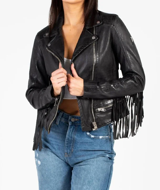 Zoe Leather Fringe Jacket In Black Women's Stylish Vacation Attire