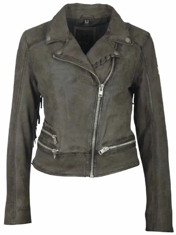 Women's Zoe Leather Fringe Jacket In Dark Grey Women's Athletic Garments