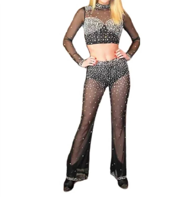 Rhinestone Mesh Set Top Bottom In Black Clothes For Woman