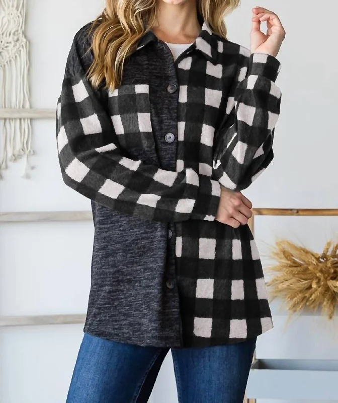 Plaid Collared Shacket In Black/white Classic Clothes For Women