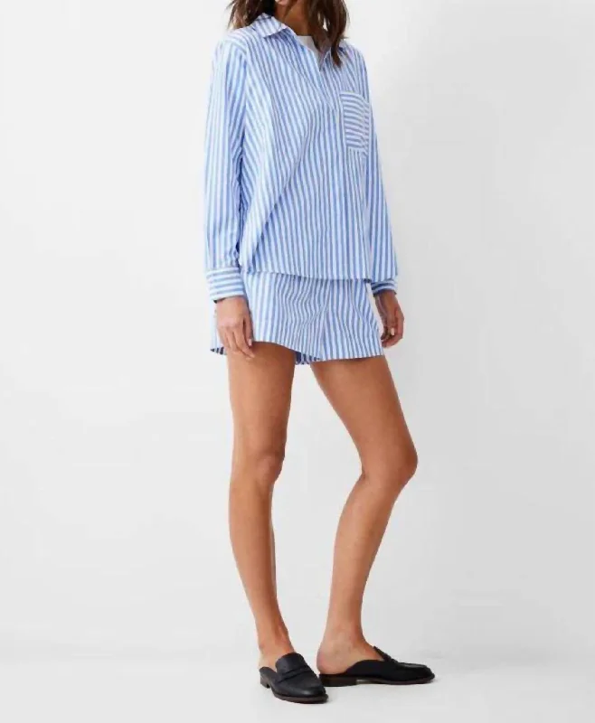 Stripe Shirting Short In Blue Linen White Women's Occasion Wear Clothes