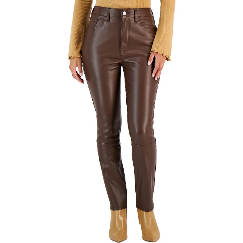 Juniors Womens Faux Leather High Rise Straight Leg Pants Casual Wear