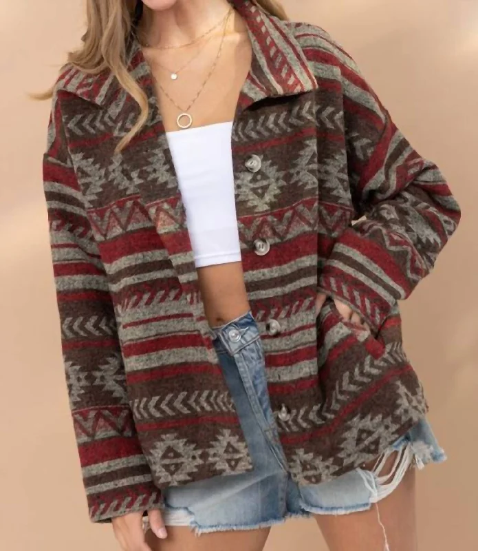 Amaryllis Aztec Shirt Jacket In Burgundy Women's Transitional Garments