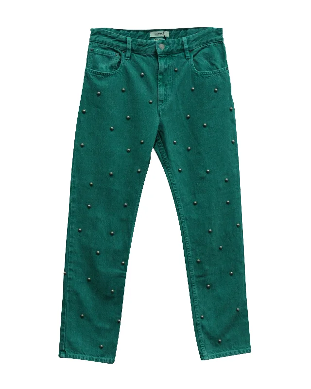 Isabel Marant Etoile Pearl Studded Jeans in Green Cotton Online Impressions Boutique