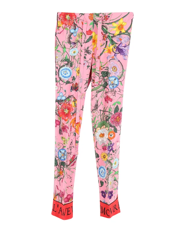 Gucci Snake Flora Print Trousers in Pink Silk Modern Women's Fashion with Vintage Touches