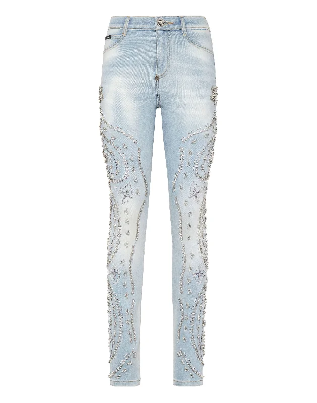 Denim Trousers High Waist with Crystals Cowboy Women's Trendy Apparel