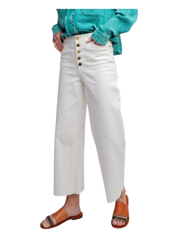 Button Fly Wide Leg Twill Raw Hem Trousers In Ecru Trendy Women's Apparel