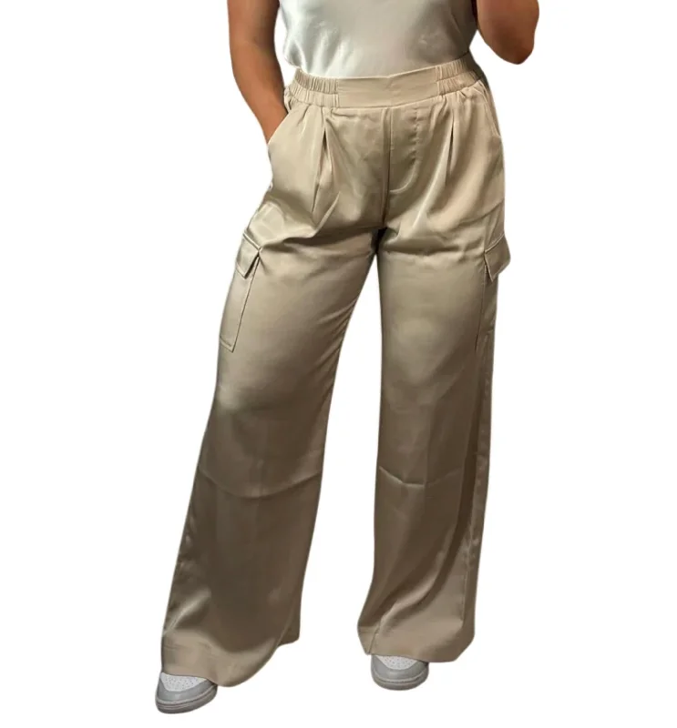 Pull On Satin Cargo Pant In Beige Women's Elegant Outfit