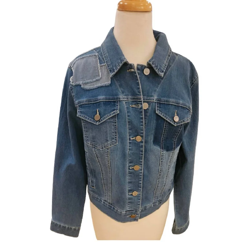 Patchwork Detail Denim Jacket In Denim Blue Women's Transitional Outfit