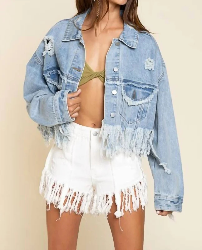 Cropped Fringe Vintage Wash Jacket In Denim Extreme Clearance Deals