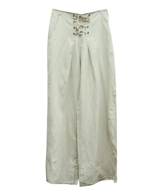 Ulla Johnson Lace Up Pleated Twill Pants in Beige Lyocell Online Boutiques Affordable