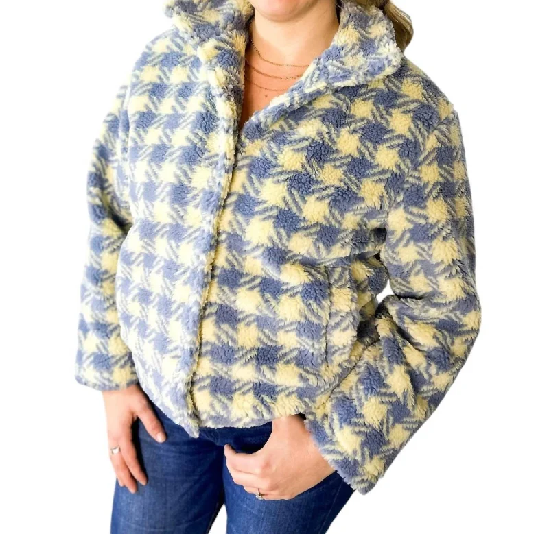 Plaid Sherpa Fleece Button Down Jacket In Blue/cream Effortless Chic for Women