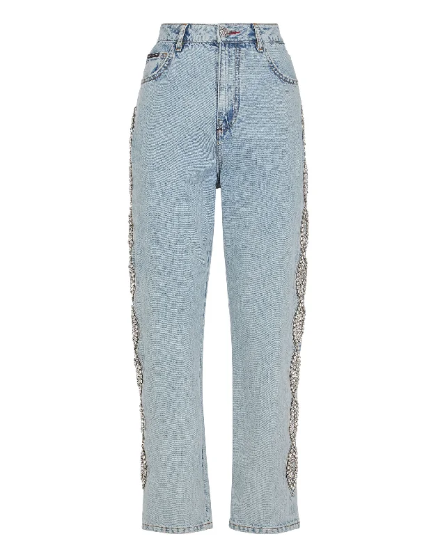 Denim Loose Fit Crystal Cable Comfortable Women's Apparel