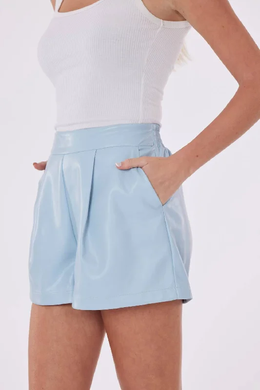 Vegan Leather Pleated Short In Light Blue Sustainable Women's Apparel