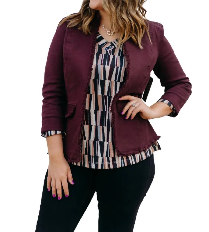 Rolled Long Sleeve Stand Collar Open Front Jacket In Auburn Charming Women's Holiday Apparel