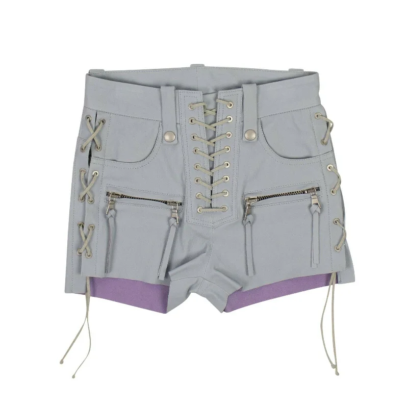 Unravel Project Light Leather Plonge Lace-Up Shorts - Gray Women's Comfortable Lounge Attire